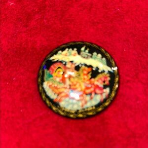 Vintage Russian Lacquer Brooch with Horse and Carriage Design